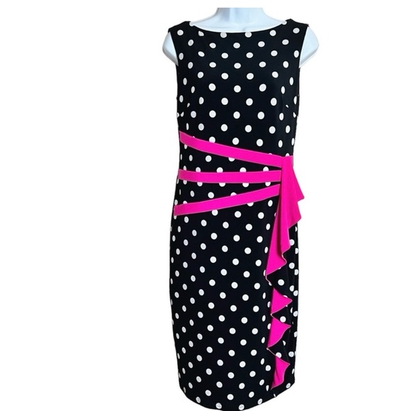 EUC Joseph Ribkoff Black-Vanilla-Neon Pink Polka-Dot Dress Style 191828 Size 8 - Picture 5 of 15